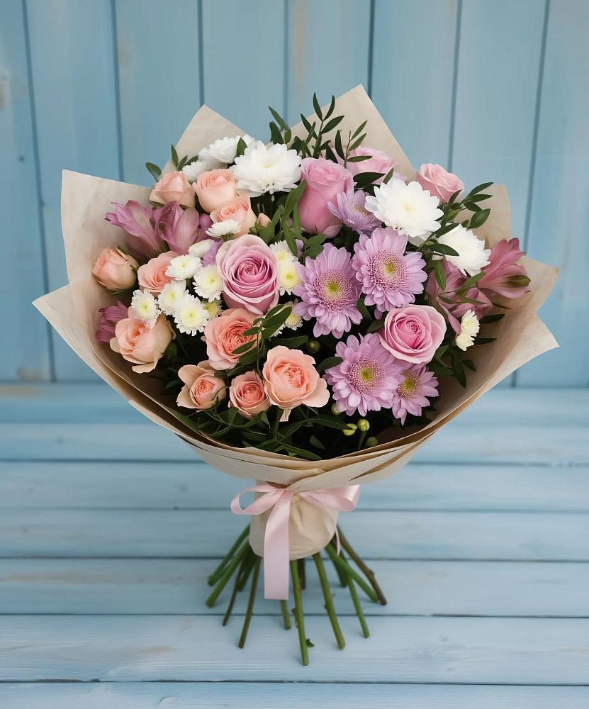 Букет цветов из: Хризантемы, Розы и Альстромерии в Кургане