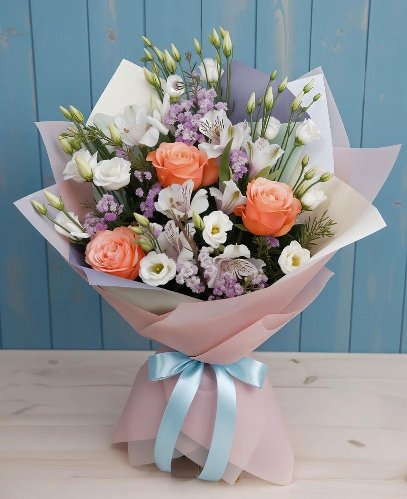 Букет цветов из: Лизиантусы, Розы, Альстромерии и Гипсофила в Кургане