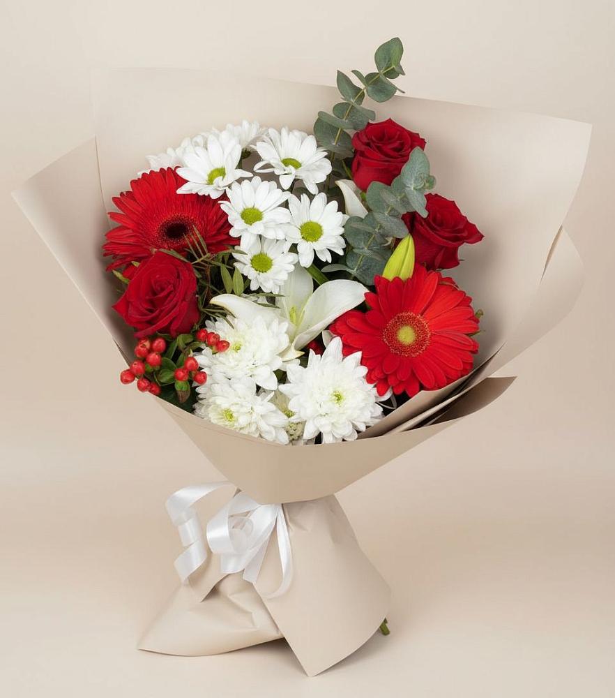 Букет цветов из: Розы, Хризантемы, Герберы и Лилии в Кургане