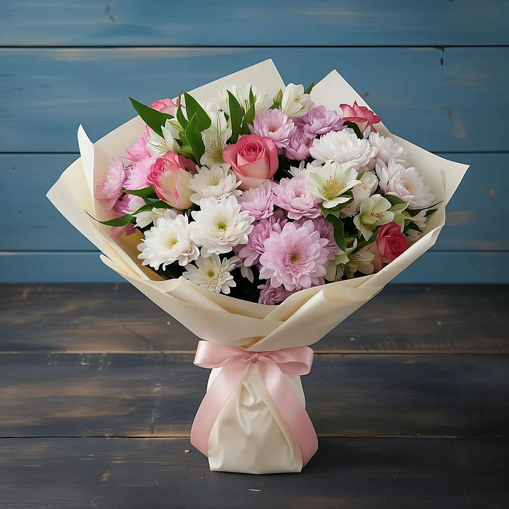 Букет цветов из: Хризантемы, Альстромерии и Розы в Кургане